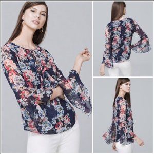 WHBM Floral Ruffle Tie-Front Bell Sleeve Blouse 14P